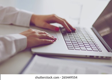 Rear View Of Business Woman Hands Busy Using Laptop At Office Des