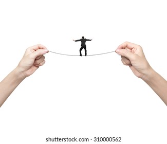 Rear view businessman balancing on tightrope with woman two hands holding two sides, isolated on white.