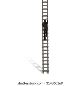 Rear View Of Businessman Climbing On Wooden Ladder, On White Background.