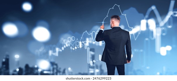 Rear view of businessman finger touch virtual screen, forex stock market hologram. Graph lines dynamics and candlesticks. Concept of sell and buy, online trading and investment - Powered by Shutterstock