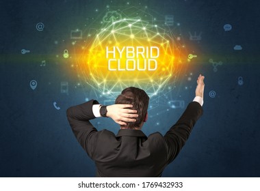 Rear View Of A Businessman With HYBRID CLOUD Inscription, Online Security Concept