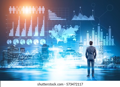 Rear view of businessman looking at abstract financial charts in sky on city background. Business information concept - Powered by Shutterstock