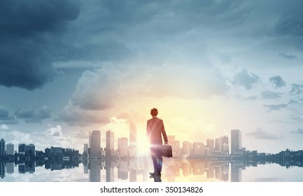 Rear view of businessman looking at sunset above city