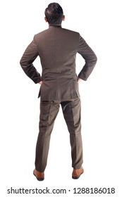 Rear View Of Of Businessman . Man Gentleman In Formal Suit Looking Up, Back Side. Full Body Portrait Isolated On White