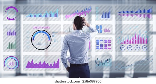 Rear view of businessman in office looking at virtual financial charts and graphs on a digital screen. Concept of data analysis and market research