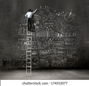Rear view of businessman standing on ladder and drawing business sketch on wall