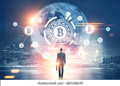 Rear view of a businessman with a suitcase looking at a bitcoin network with a bitcoin sign inside an HUD, world map. Night city. Toned image double exposure Elements of this image furnished by NASA - Shutterstock ID 683158678