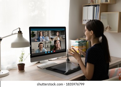 Rear View Businesswoman Chatting With Colleagues Online, Business Partners Negotiations, Using Webcam And Platform For Group Video Call, Students Discussing Project, Participating In Conference