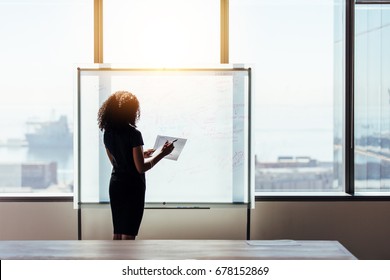 Rear view of a businesswoman writing on a whiteboard at office. Business investor holding papers and pen standing in front of a presentation board.