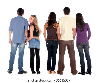 Rear View Of A Casual Group Of People With A Girl Facing The Camera - Isolated