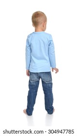 Rear View Of Caucasian Full Body American Baby Boy Kid In Blue Sweater And Jeans Standing Isolated On A White Background