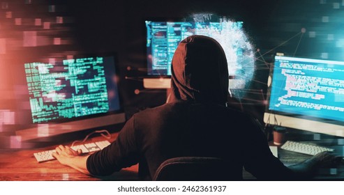 Rear view, computer and hacker with code, programming and internet with hologram, cyber security and illegal access. Person, programmer and pc with blockchain database, holographic and tech error