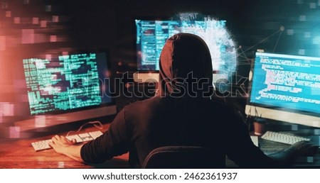 Rear view, computer and hacker with code, programming and internet with hologram, cyber security and illegal access. Person, programmer and pc with blockchain database, holographic and tech error