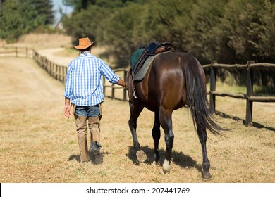 rear view of cowboy walking with his horse