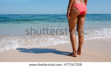 Rear view cropped shot of female in bikini standing on the sea shore. Young woman in swimsuit relaxing on the sea shore.