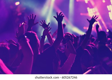 Rear view of crowd with arms outstretched at concert - Shutterstock ID 605267246