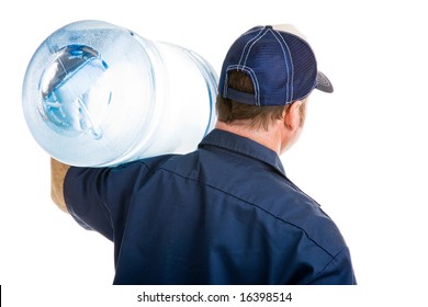 Rear View Of A Delivery Man With A Five Gallon Jug Of Drinking Water Over His Shoulder.  Isolated On White.