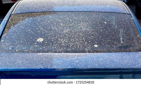 rear view of a dirty car window covered with a layer of dry dust, closeup back auto.