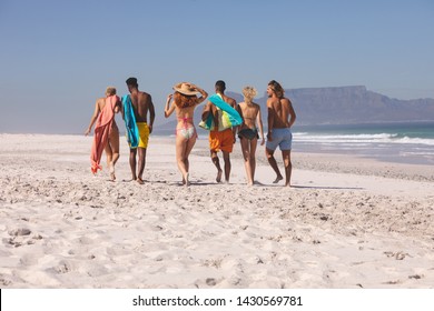 Rear View Of Diverse Friends Walking Together On The Beach