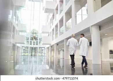 Rear View Of Doctors Talking As They Walk Through Hospital