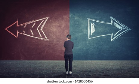 Rear View Of Doubtful Businesswoman In Front Of A Split Wall As Arrows Leads In Two Different Ways Red And Blue Side. Correct Choice Left Or Right, Failure Or Success. Difficult Decision Concept.