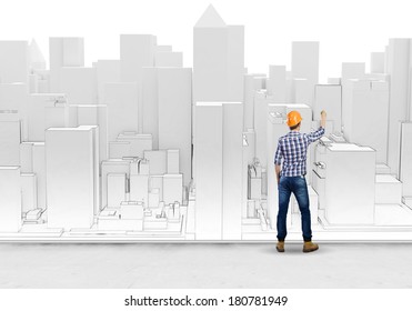 Rear View Engineer Drawing Project Business Stock Photo 180682376 ...