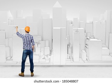Rear View Engineer Drawing Project Business Stock Photo 180682376 ...