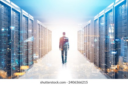Rear view of an engineer standing in a server room with a cityscape in the foreground. 3d rendering mock up toned image double exposure - Powered by Shutterstock