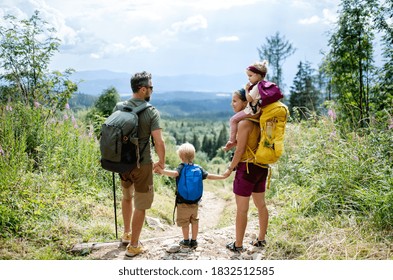Rear view of family with small children hiking outdoors in summer nature, resting. - Shutterstock ID 1832512585