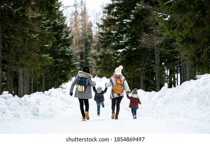 Rear view of family with two small children in winter nature, walking in the snow. - Shutterstock ID 1854869497