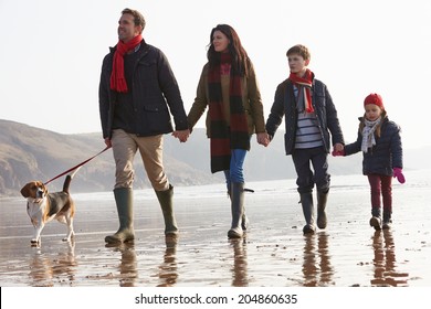 Rear View Of Family Walking Along Winter Beach With Dog