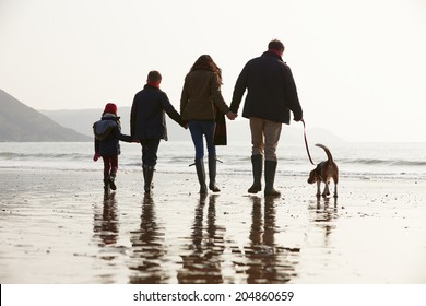 Rear View Of Family Walking Along Winter Beach With Dog