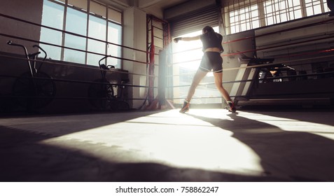 Rear view of female boxer doing shadow boxing inside a boxing ring. Boxer practicing her punches at a boxing studio. - Powered by Shutterstock