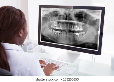 Rear View Of Female Dentist Examining Jaw Xray On Computer In Clinic