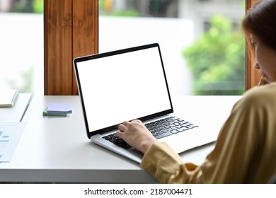 Rear view of female employee working, searching information on her laptop computer - Powered by Shutterstock