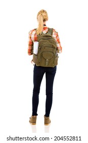 Rear View Of Female Hiker With Backpack Isolated On White Background