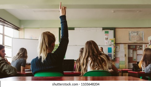 Rear View Of Female Student Sitting In The Class And Raising Hand Up To Ask Question During Lecture. High School Student Raises Hand And Asks Lecturer A Question.