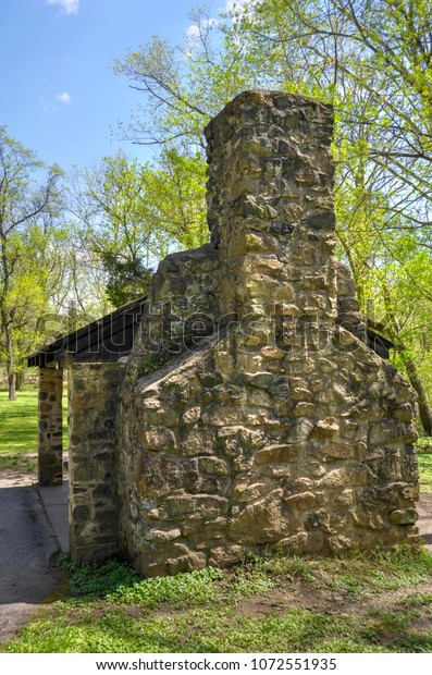 Rear View Fieldstone Fireplace Chimney Pavilion Royalty Free