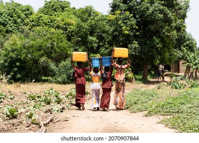 Rear View Of A Group Of African Children Walking Towards The Forest With Water Containers On Their Heads