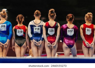 rear view group female gymnasts before start of gymnastics performance