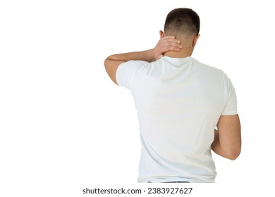 Rear view of a handsome young man in white shirt holding his back and neck in pain isolated on white background, man giving himself a massage on his neck, young man having a back and neck pain - Powered by Shutterstock