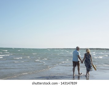 Rear view of happy senior couple holding hands and walking on tropical beach