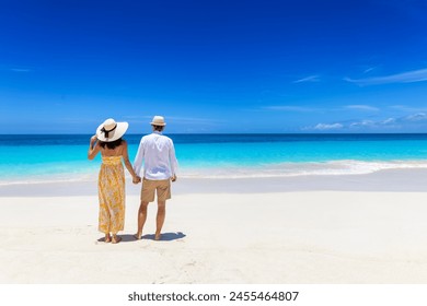 Rear view of a holiday couple standing at a paradise beach and looking at the turquoise waters of the Caribbean Sea - Powered by Shutterstock