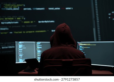 Rear view of a hooded programmer or hacker working at a desk with multiple monitors showing code in a dark room, illustrating cybersecurity and technology concept.