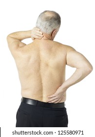 Rear View Image Of A Old Man With Neck And Back Injury.