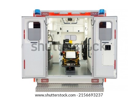Rear view of the interior of an open ambulance isolated on a white background