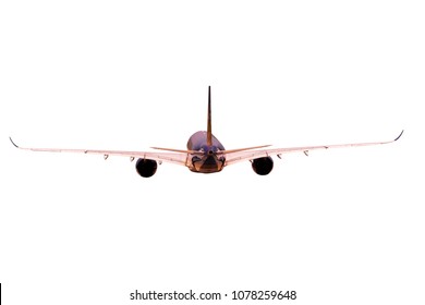 Rear View Of Jet Plane Flying Isolated White Background