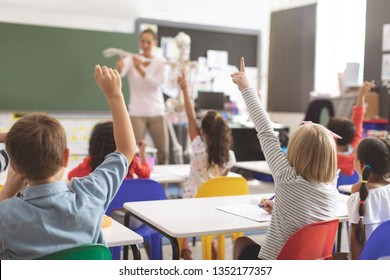 Rear View Of Kids Raising Hands While Teacher Explaining The Functioning Of Human Skeleton In Classroom At School