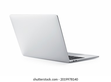Rear view of the laptop, open to a white background, silver aluminum body. - Shutterstock ID 2019978140