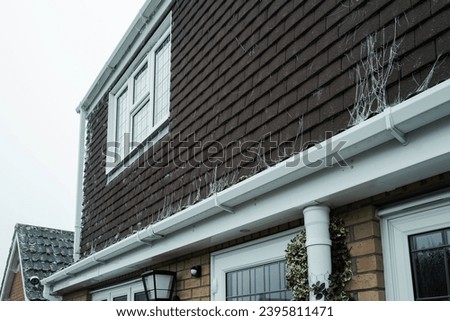 Rear view of a large detached home showing frosted cobwebs seen on the vertical aspects. Taken during a cold December in the UK.